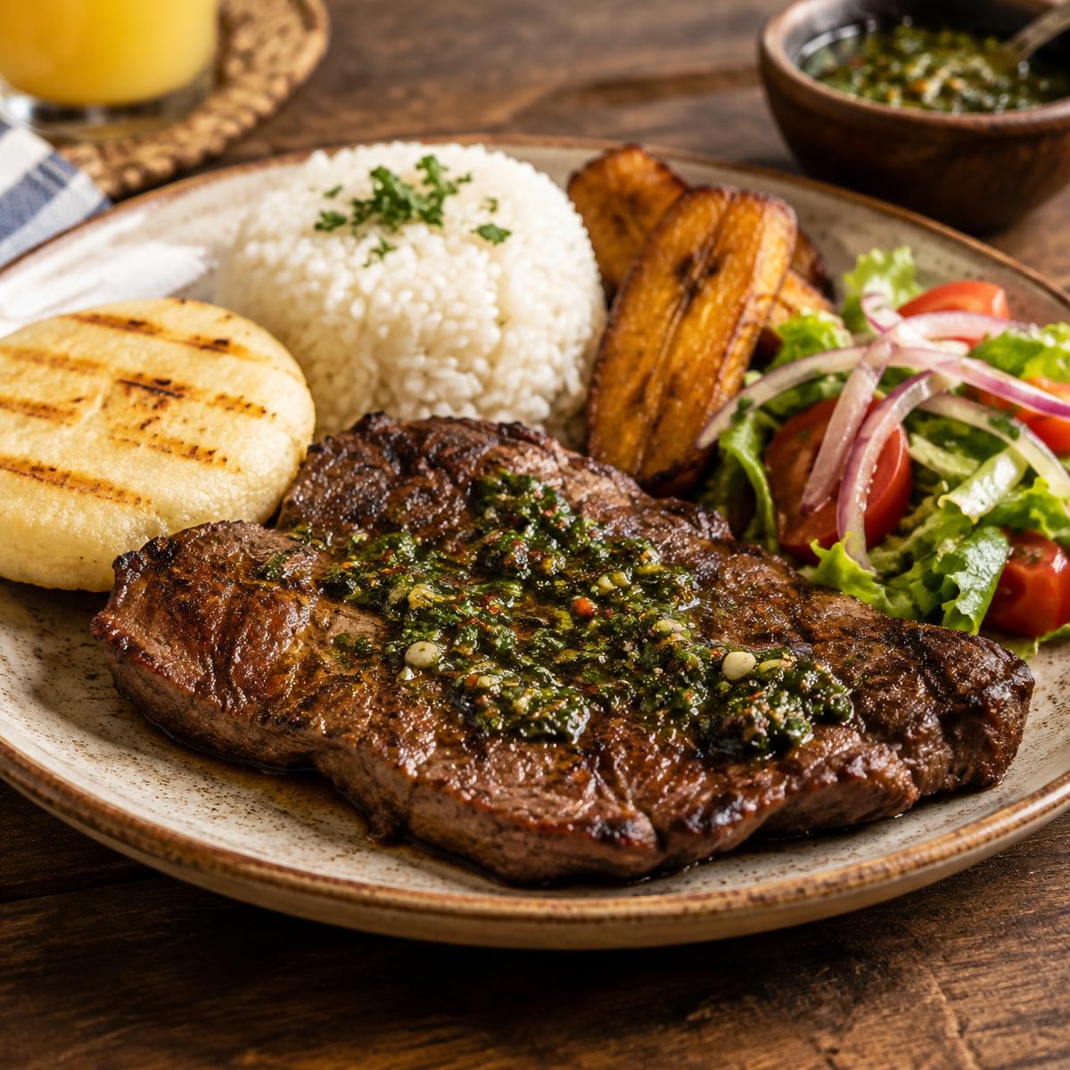 Carne asada con arepa y arroz